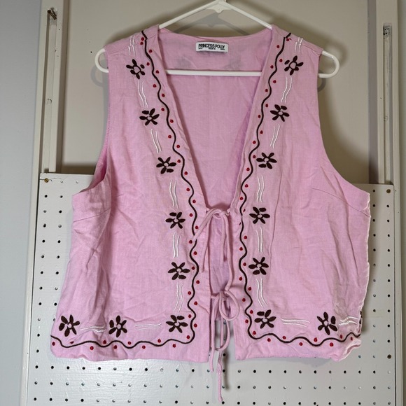 Princess Polly Tops - Princess Polly Boho Waistcoat Women's Size 12 Vest Floral Embroidered Tie-Front‎
